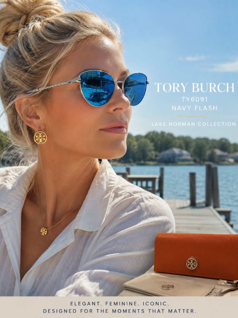 NWT Tory Burch TY6091 Navy Flash Cat Eye Sunglasses | Blue Mirror Lens | Case In